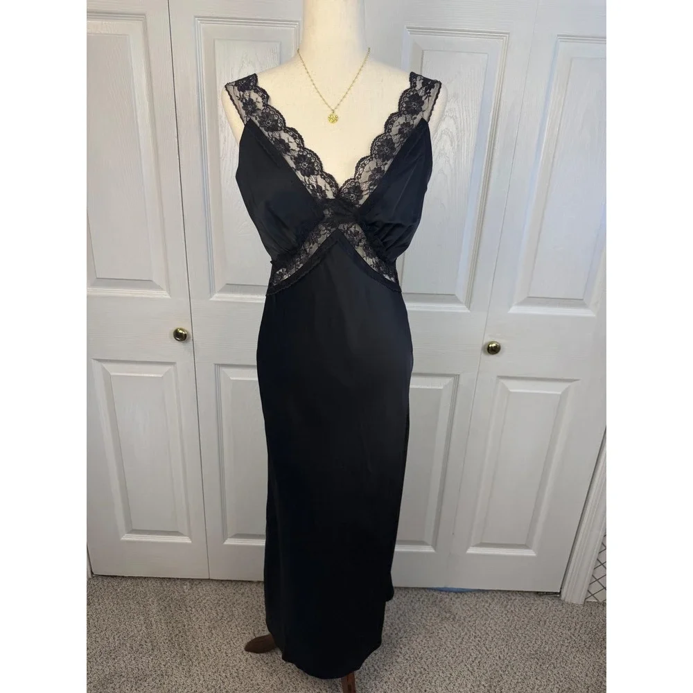 Abercrombie & Fitch Black Lace Satin Maxi Bias Cut Slip Dress S Y2K Romantic
